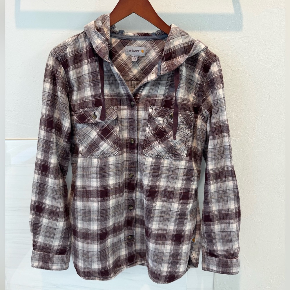 Carhartt Maroon and White Plaid Hooded Shirt